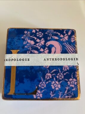Anthropologie Blue and Pink Floral Ceramic Trinket Dish with Gold L